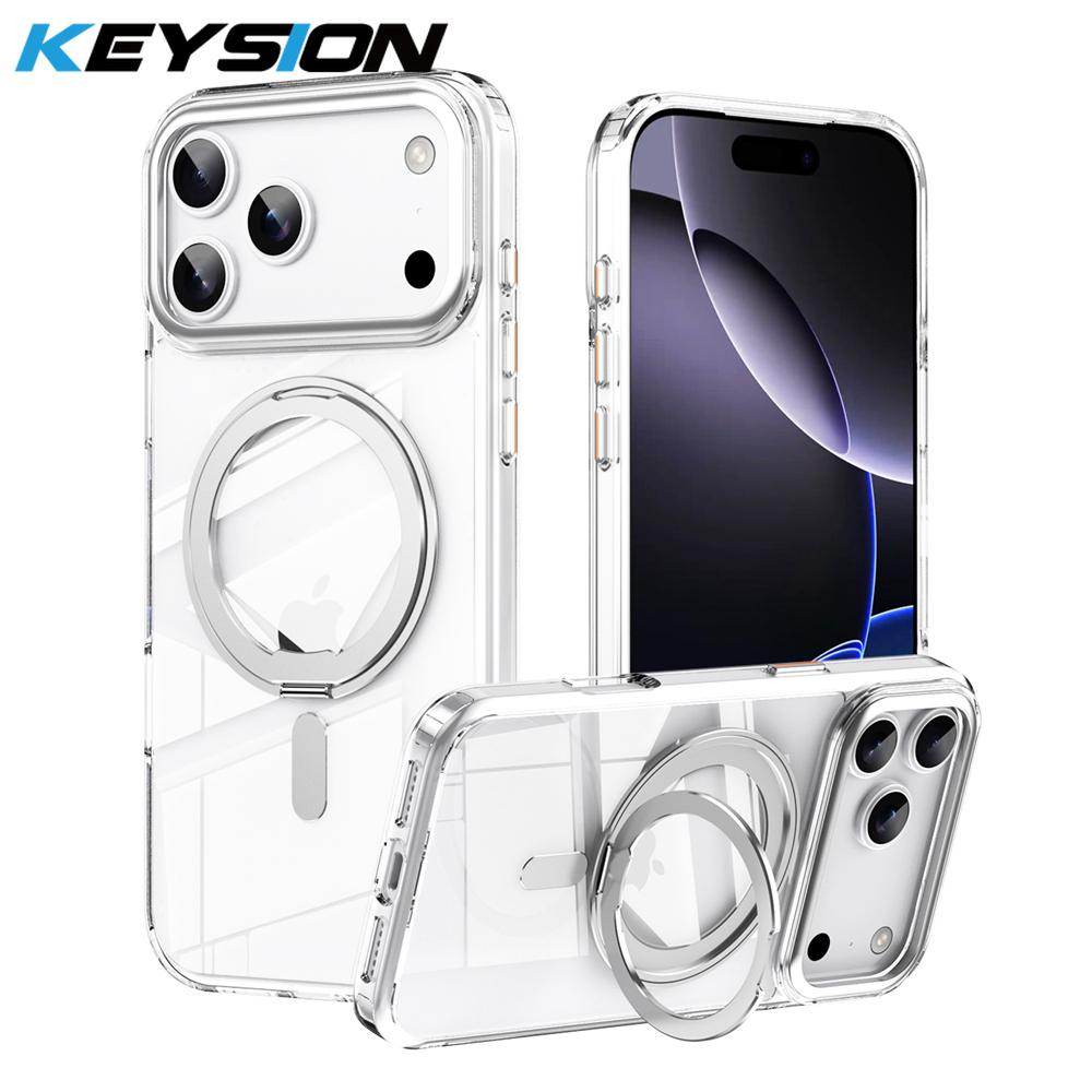 

KEYSION Противоударный Прозрачный Матовый Чехол для MagSafe для iPhone 17 Pro Max 360° Магнитная Кольцевая Подставка Беспроводная Зарядка Задняя Крышка Телефона for iPhone 17 Pro Max