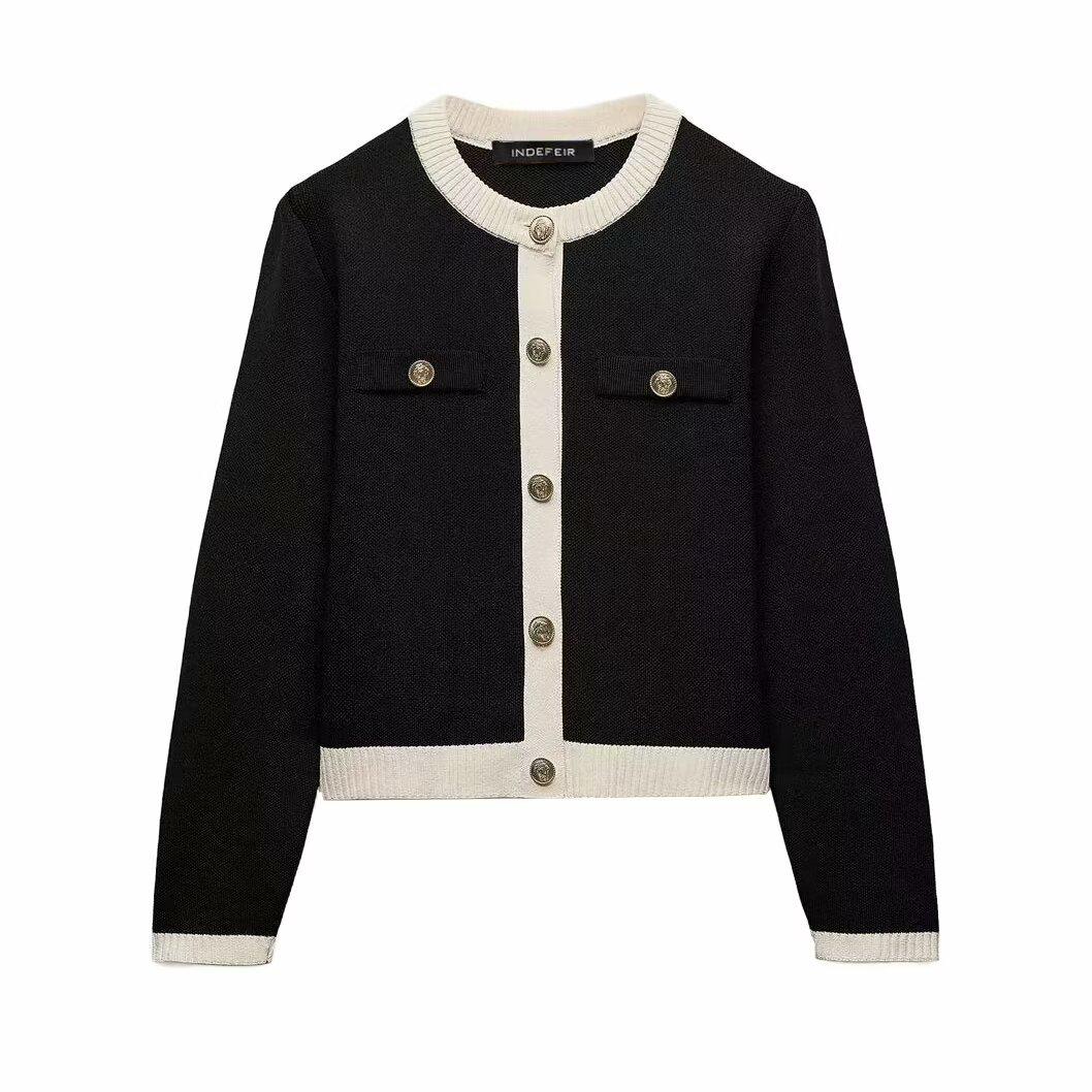 

Женский однобортный вязаный кардиган с круглым вырезом в европейском и американском стиле - модный универсальный дизайн, модель #1822106