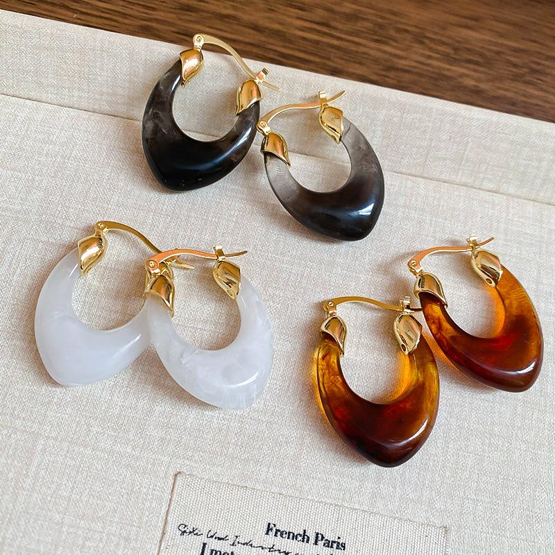 Retro Oval Resin U-shaped Ear Buckle Design Fashion Hoop Earrings Light Luxury Temperament  Accessories for Women