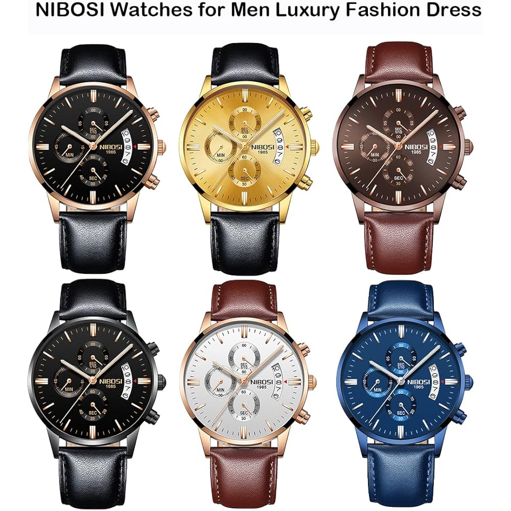 NIBOSI Men's Chronograph Watch Brown Leather Band Waterproof Analog Business Casual Big Face