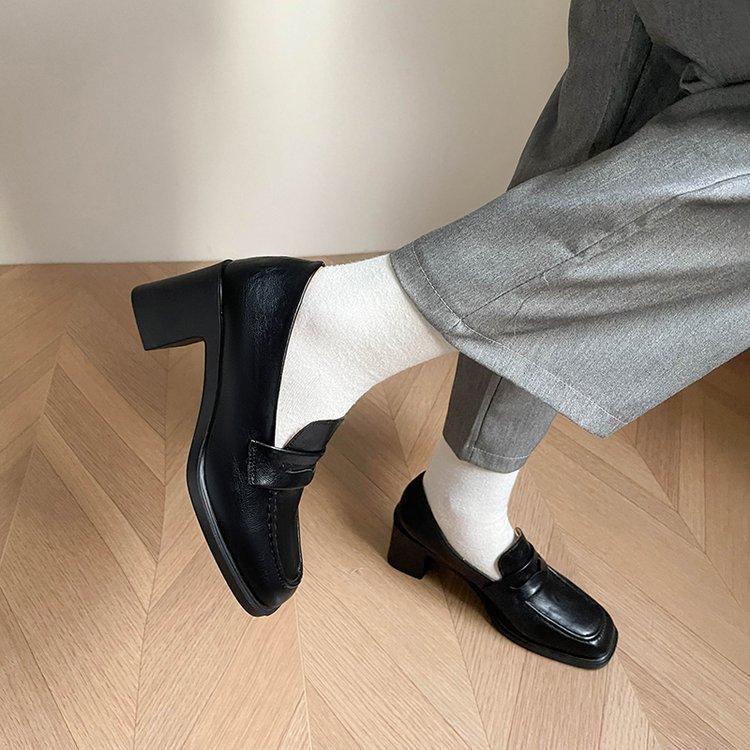 

Черные мокасины с квадратным носком, ленивые, с одной педалью, на толстом высоком каблуке, маленькие кожаные туфли, универсальные французские туфли Мэри Джейн, женские, на среднем каблуке 35 чёрный