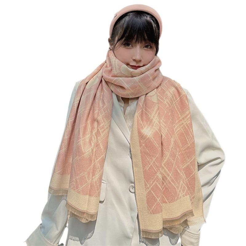 Cute and Cute Girl Imitation Cashmere Scarf for Women's High-end Pink Camellia Thickened Double-sided Scarf Shawl