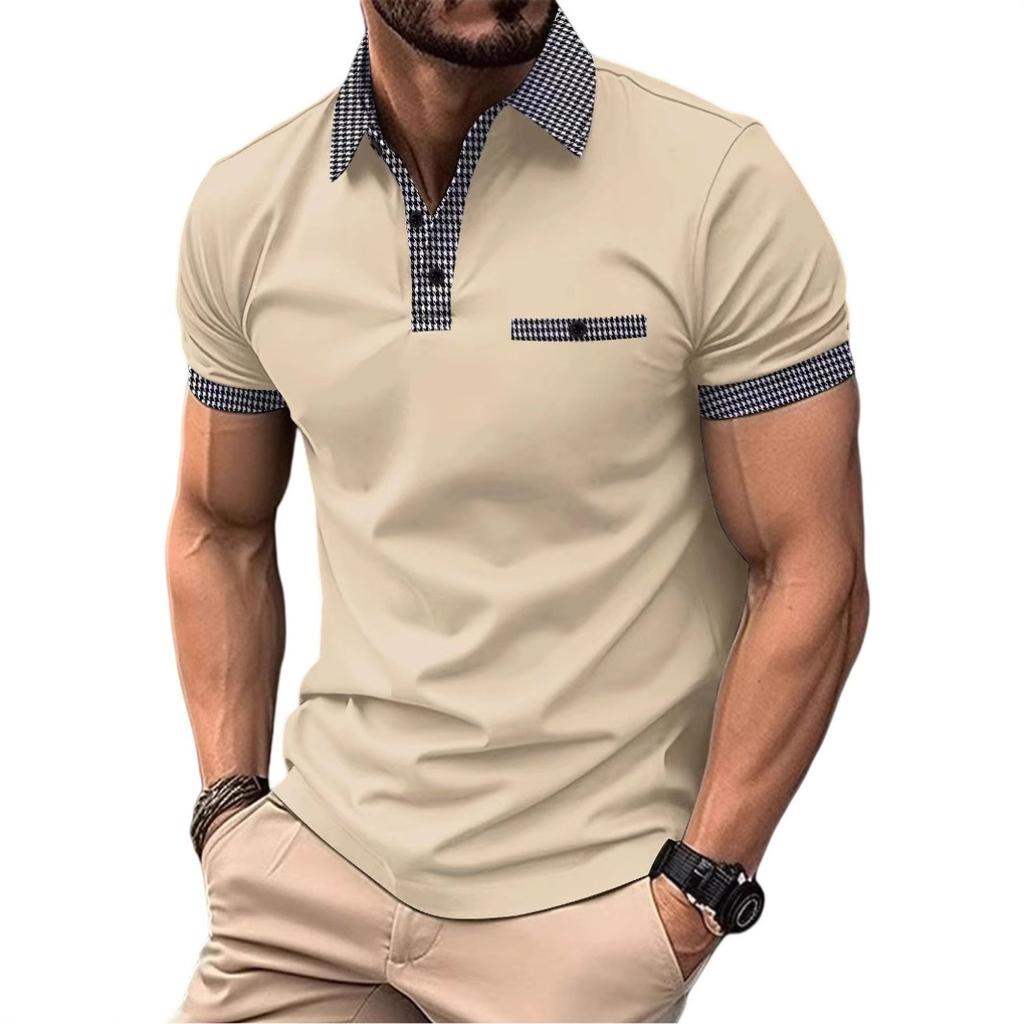 Men's Summer Fashion Loose Polo Shirts Short Sleeve Plaid Turn-down Collar T-shirt Top