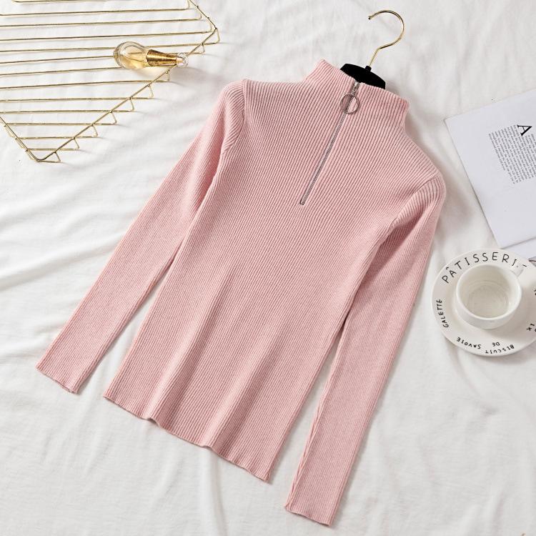 Knitted Women Zipper Half High Neck Sweater Pullovers Autumn Winter Basic Women Sweaters Slim Solid Knitwear Pull Femme Tops