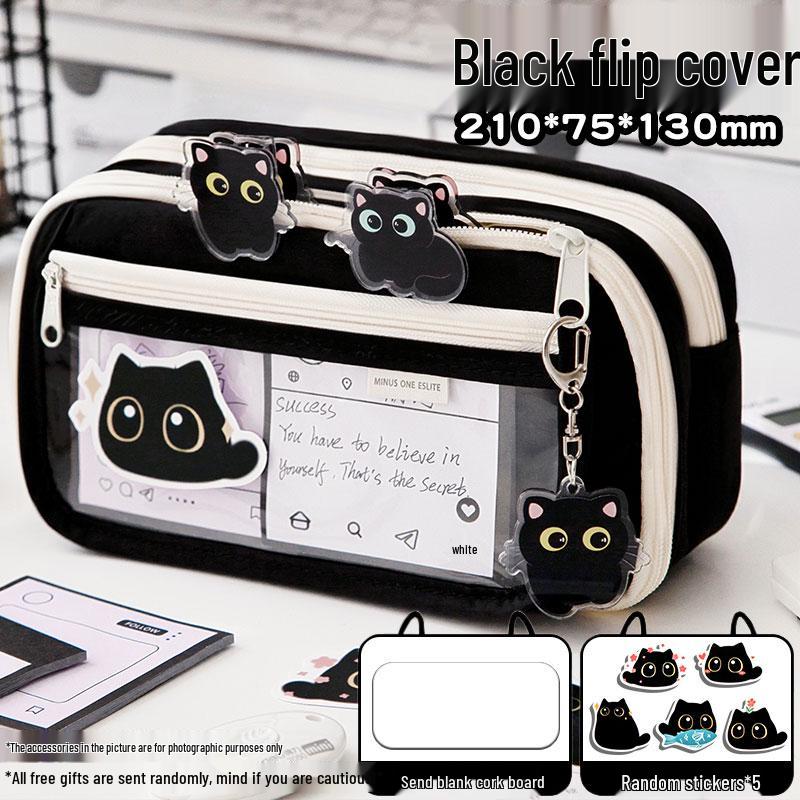 2025 New Little Black Cat Transparent Pencil Case for Girls - Trendy Stationery Box for Elementary, Middle, and High School Students