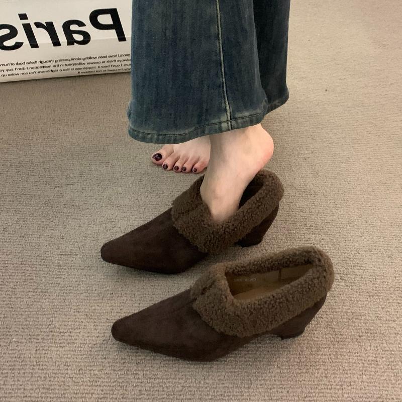 2026 New Spring Autumn Women Fleece Lined Loafer Shoes Concise Short Plush Shoes Eelgant Slip On Dress Thick Heel Pumps Shoes