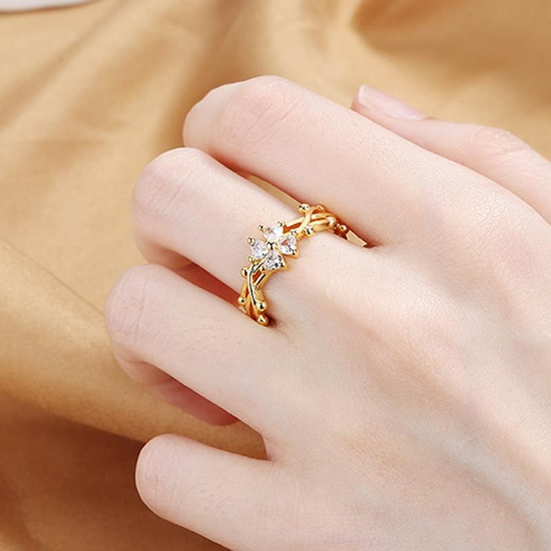 1pc Zirconia Flower Leaf Open Ring, Luxury Adjustable Finger Ring, Versatile Chic Hand Ornament Valentines