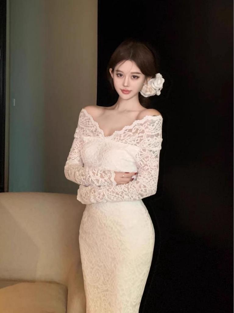 White Lace One-Shoulder Long-Sleeve Bodycon Autumn Dress for Women