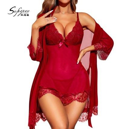 Xia Women's New Suspender Pajamas Set Large Size Fat MM Nightgown Sexy Perspective Sex Home