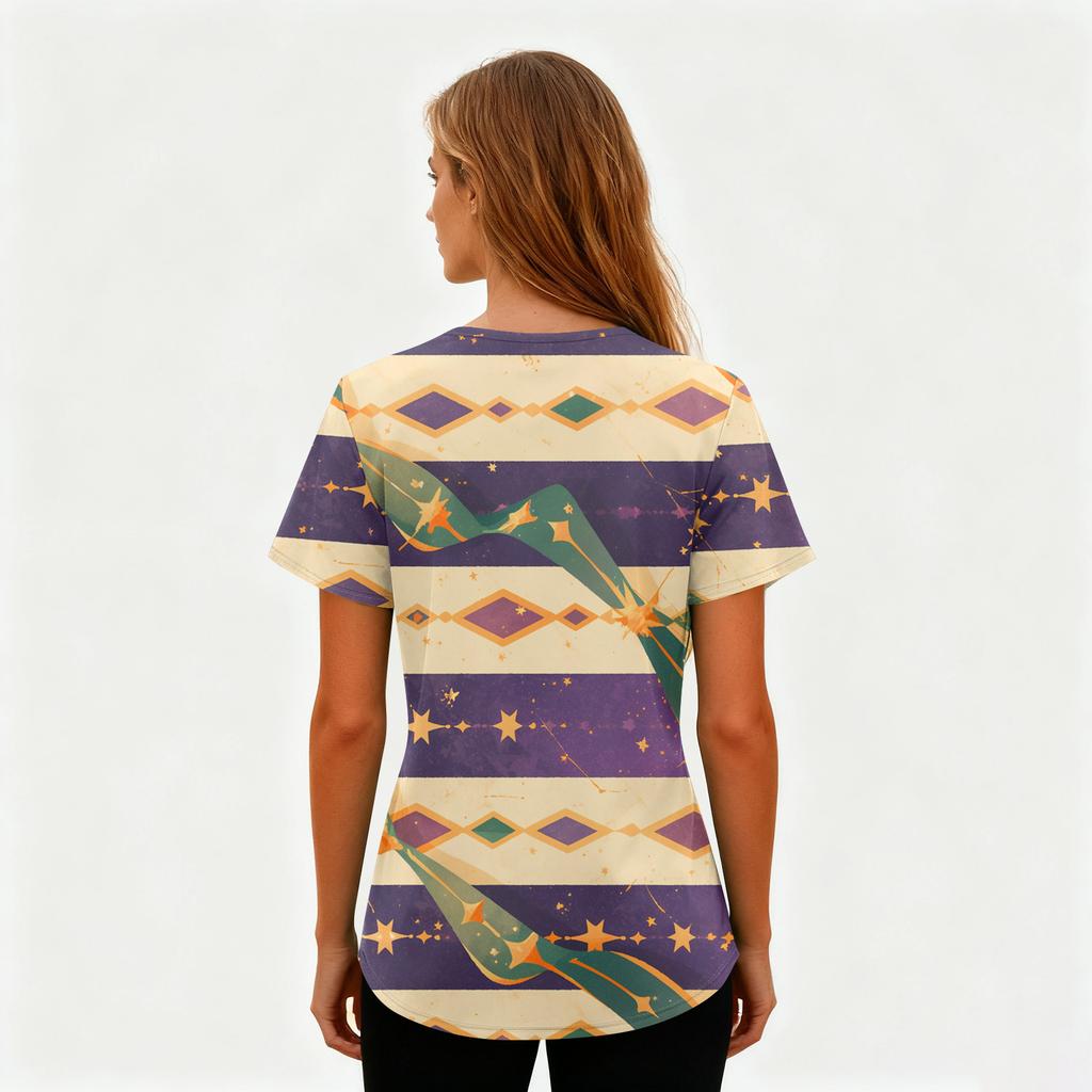 Ladies' Carnival Printed Fashion V-neck Pocket Short Sleeved Nurse's Wear And Worker's Top