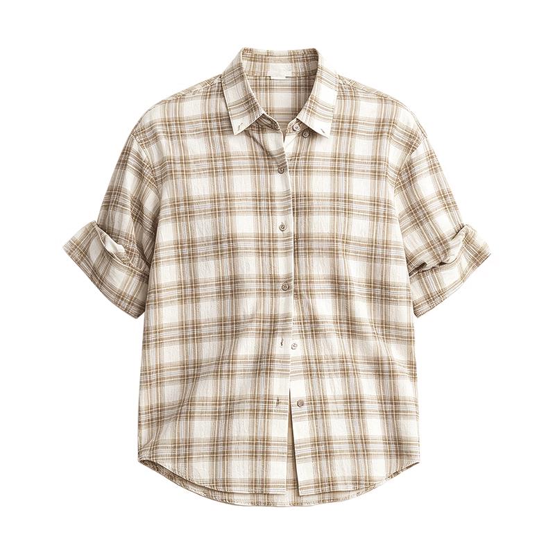 Men s Casual Plaid Cotton Roll-Up Short Sleeve Shirt M хаки