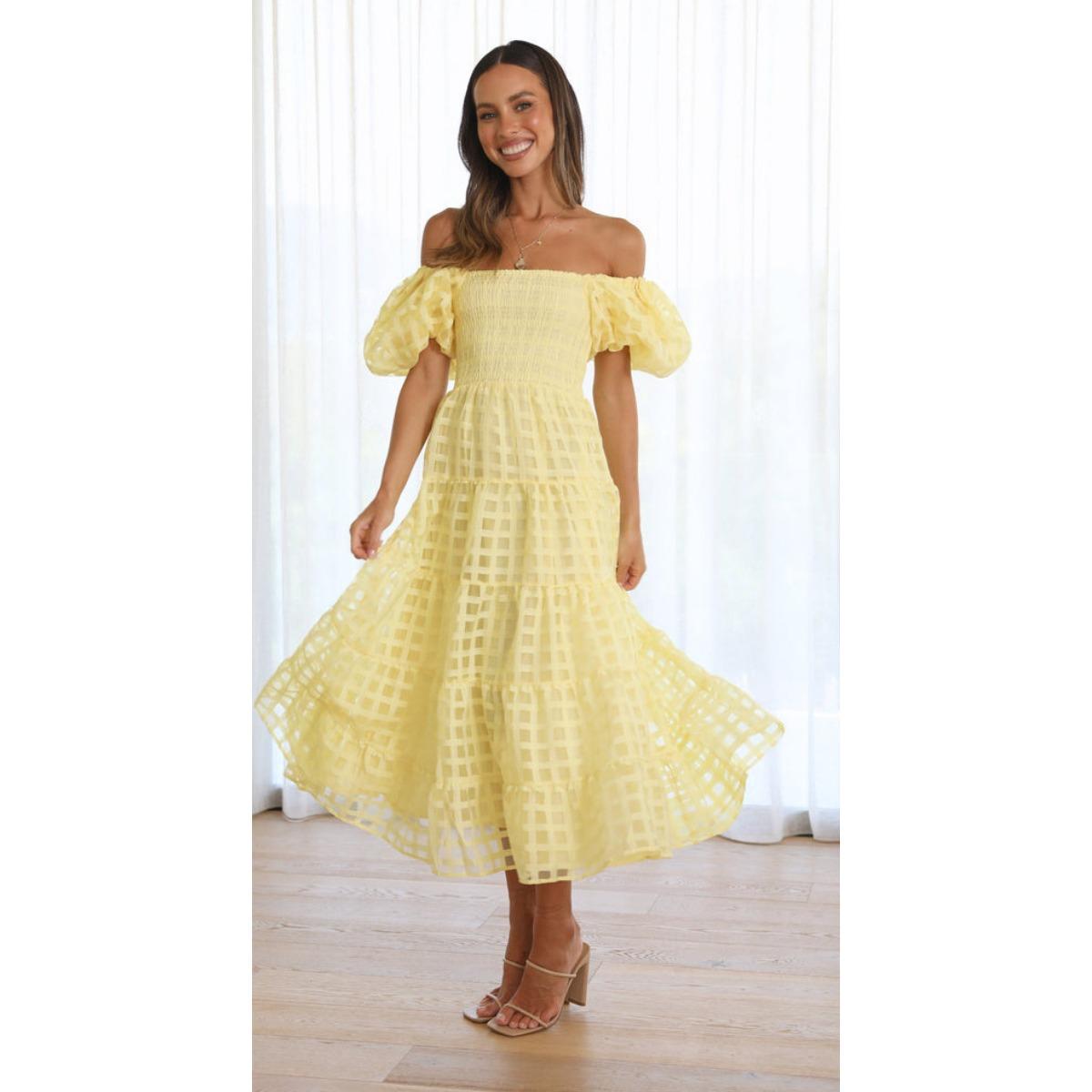 Women s Off Shoulder Short Sleeve Grid Print A Line Midi Dress Casual Puff Sleeve Tiered Party Dress S жёлтый