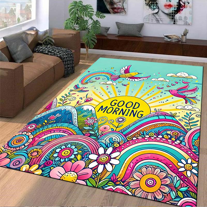 Colorful Carpet with "Good Morning" Text, Birds, Rainbows, and Flowers Suitable for Use As an Anti-slip for Living Room Bedroom Sofas