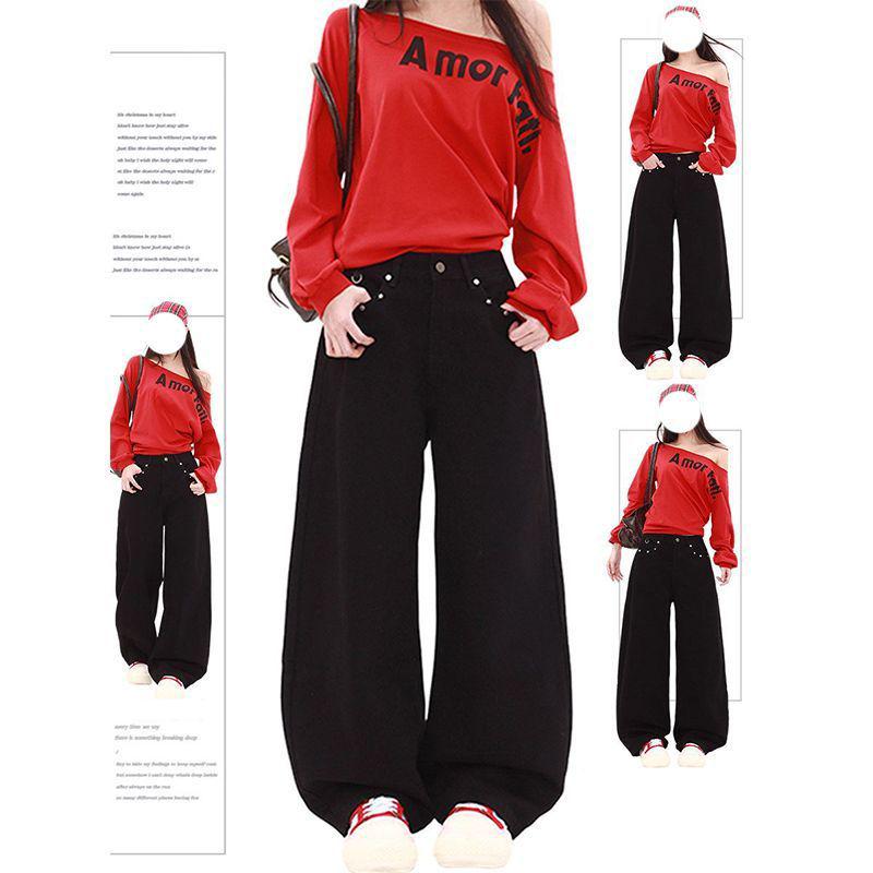 Women s High Waist Retro Black Denim Wide Leg Pants 2XL