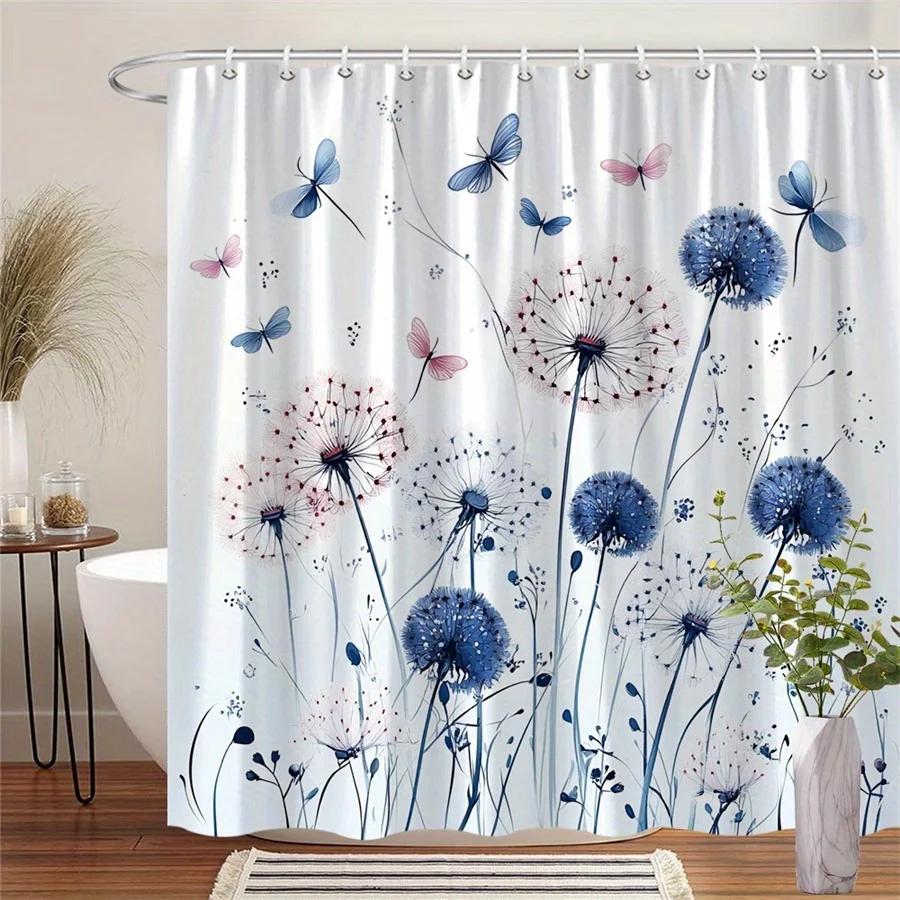 

Watercolor Floral Shower Curtain - Blue & Pink Dandelions with Butterflies, Soft Gradient Background, Machine Washable Polyester W90xH180cm