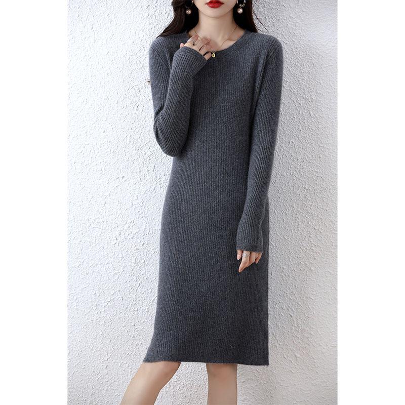 Women's Medium Slim Cashmere Wool Knee-Length Knit Dress - Round Neck, Autumn/Winter Base Layer