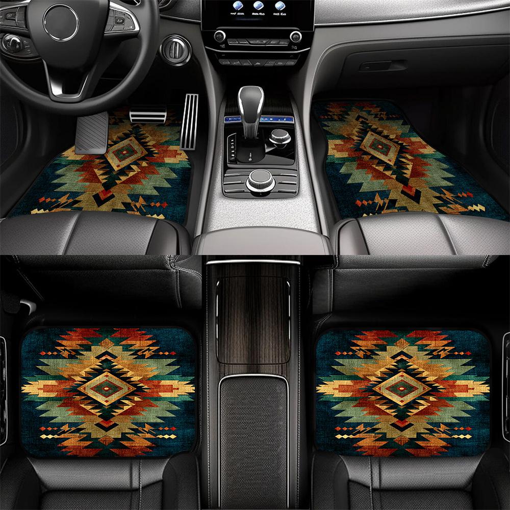 Set Of 4 Car Floor Mats Featuring A Classic Tribal Geometric Design, Designed For Pickup Trucks Or Crossovers, Offering Easy-To-