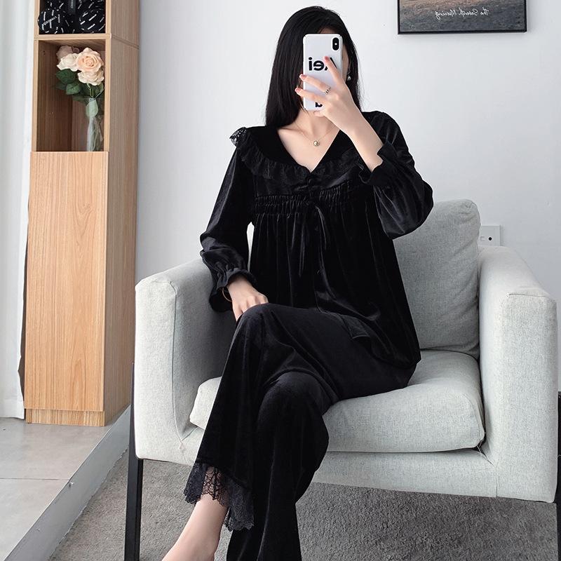 

Осенне-зимний бархатный пижамный комплект с кружевом и лацканами, повседневная женская пижама, бархатная свободная домашняя одежда XL