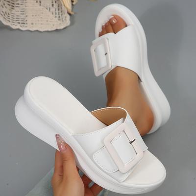 Koreanische einfache einfarbige Keilsandaletten mit quadratischer Schnalle Damen tragen neue Damenschuhe Böhmische Ein-Wort-Sandaletten