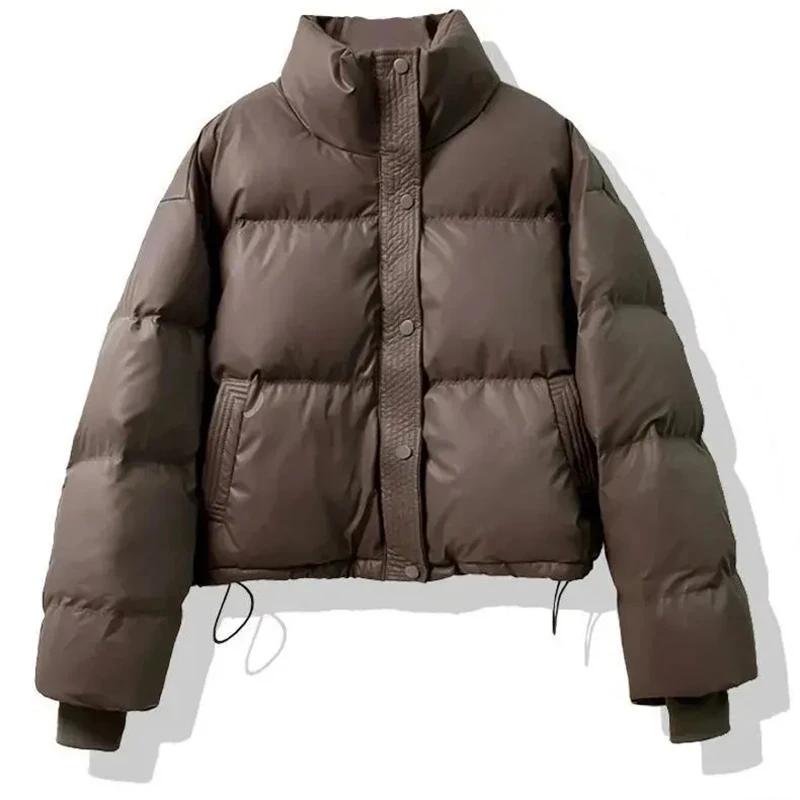 Parka scurtă de iarnă caldă pentru femei, jachetă pufă din piele artificială, cu fermoar, cu mânecă lungă