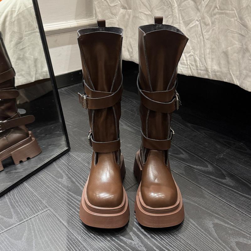 Maillard retro belt buckle western cowboy boots women's new small height increase and thin long knight boots