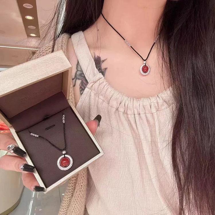 Auspicious Red Bean Cloud Peace Buckle Sterling Silver Necklace - Gift Jewelry