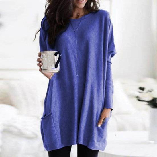 Dámské jednobarevné tričko velké velikosti s dlouhým rukávem, tunika s kapsami