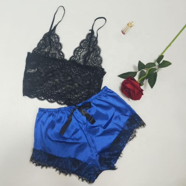 2PcsSet Women'S Pajamas Underwear Sexy Silk Satin Lingerie Women'S Sexy Lace Halter Top Shorts Pajamas Set