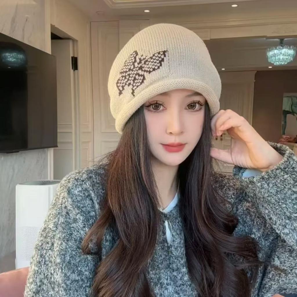 Korean-style large head circumference drawstring knitted beanie for women, with rolled edges, pullover cold hat, face-slimming head wrap, postpartum