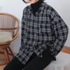 Camisas xadrez femininas manga comprida trespassado vintage estilo coreano ulzzang blusa preta grande