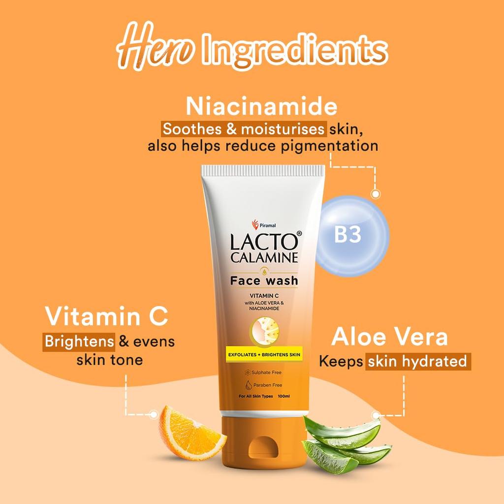Lacto Calamine Vitamin C Ansiktsvask Pakke med 1 x 100 ml Aloe Vera Niacinamid Eksfolierende Ansiktsvask for Glødende Hud