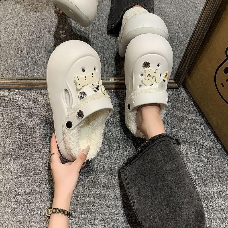 Height-increasing Cute Velvet Warm Bag Head Half Slippers Thick-soled Hole Shoes Cotton Slippers Autumn and Winter Wear 2025 New Models