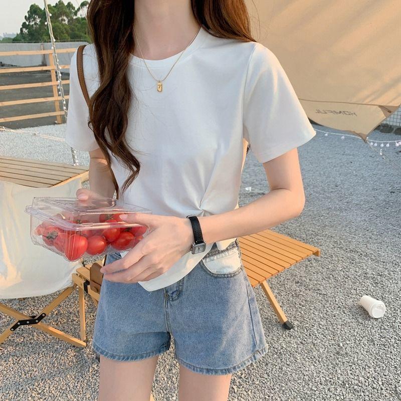 Ruched Design Tshirt Sexy Summer Women Solid Tee Casual Short Sleeve Crop Top Fashion Lady Tank Tops
