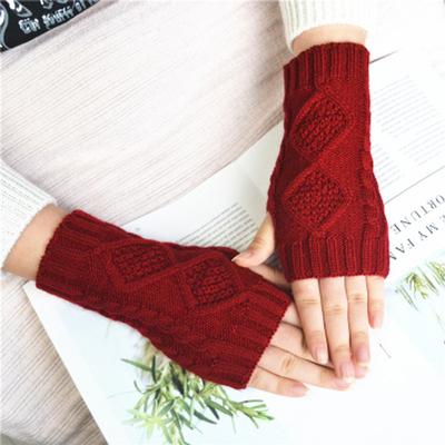 Women Woolen Knitted Diamond Half-Finger Warm Outdoor Cycling Gloves