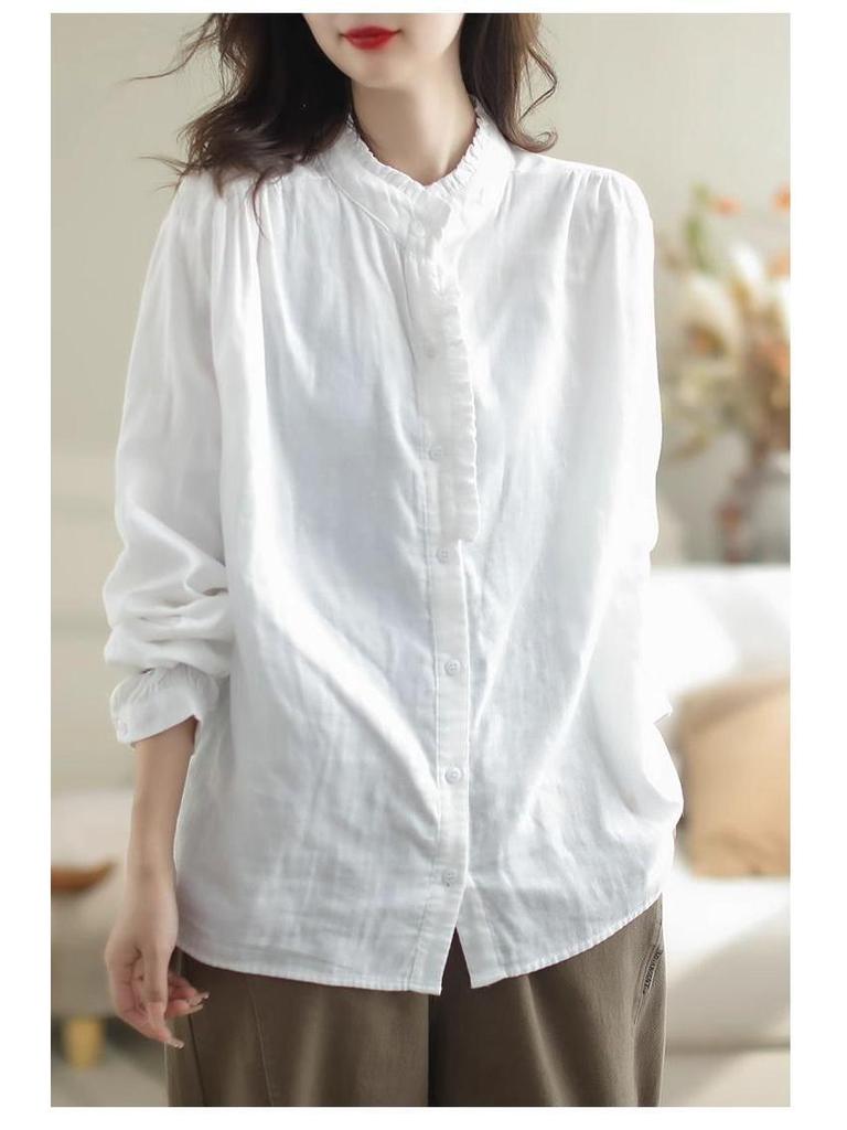 Women's Retro Cotton Linen Slimming Long Sleeve Shirt - Solid Color, Loose Fit for Spring & Autumn.