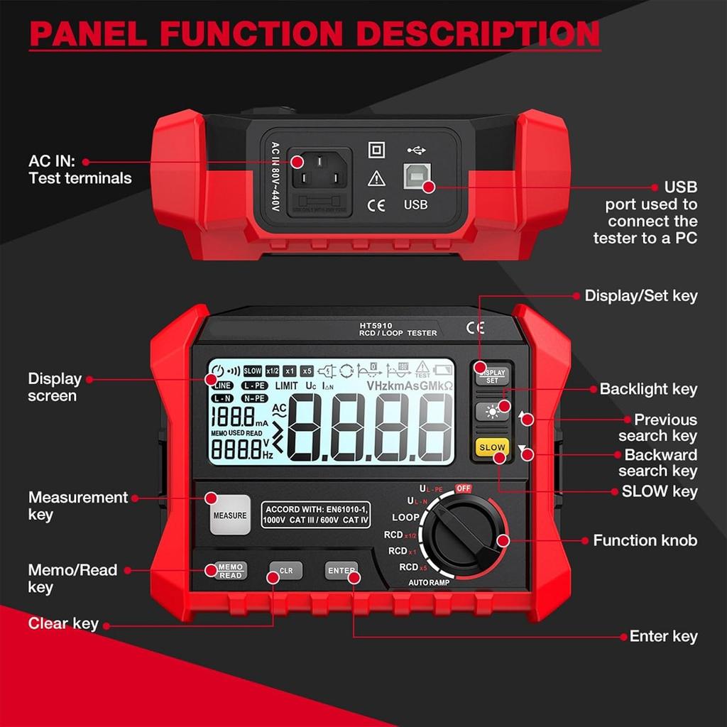 Digital Resistance Meter Featuring Leakage Switches Testing RCD Capability Backlit LCD Screen 1000 Records Storage RCD Tester Voltmeter