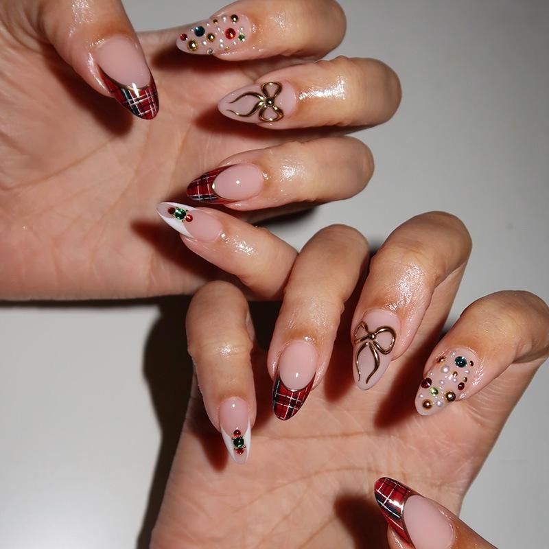 30-Piece Christmas Almond Gold Bow Plaid Nail Art Set Packaged Strips (3 Sets All Diamond)