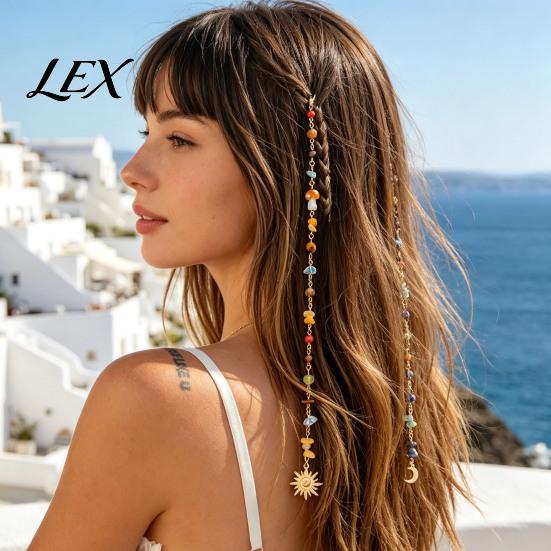 Sea Themed Hair Accessories 2Pcs Bohemian Long Tassel Braided Chain with Clips, Colorful Gift for Ocean Style Lovers Sun Moon Pendant, Jewelry