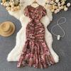 Chic Drawstring Bodycon Short Sleeve Vneck Dress Wrap Dresse Fashion Vestidos Women Vintage Spring and Autumn Trumpet Dress