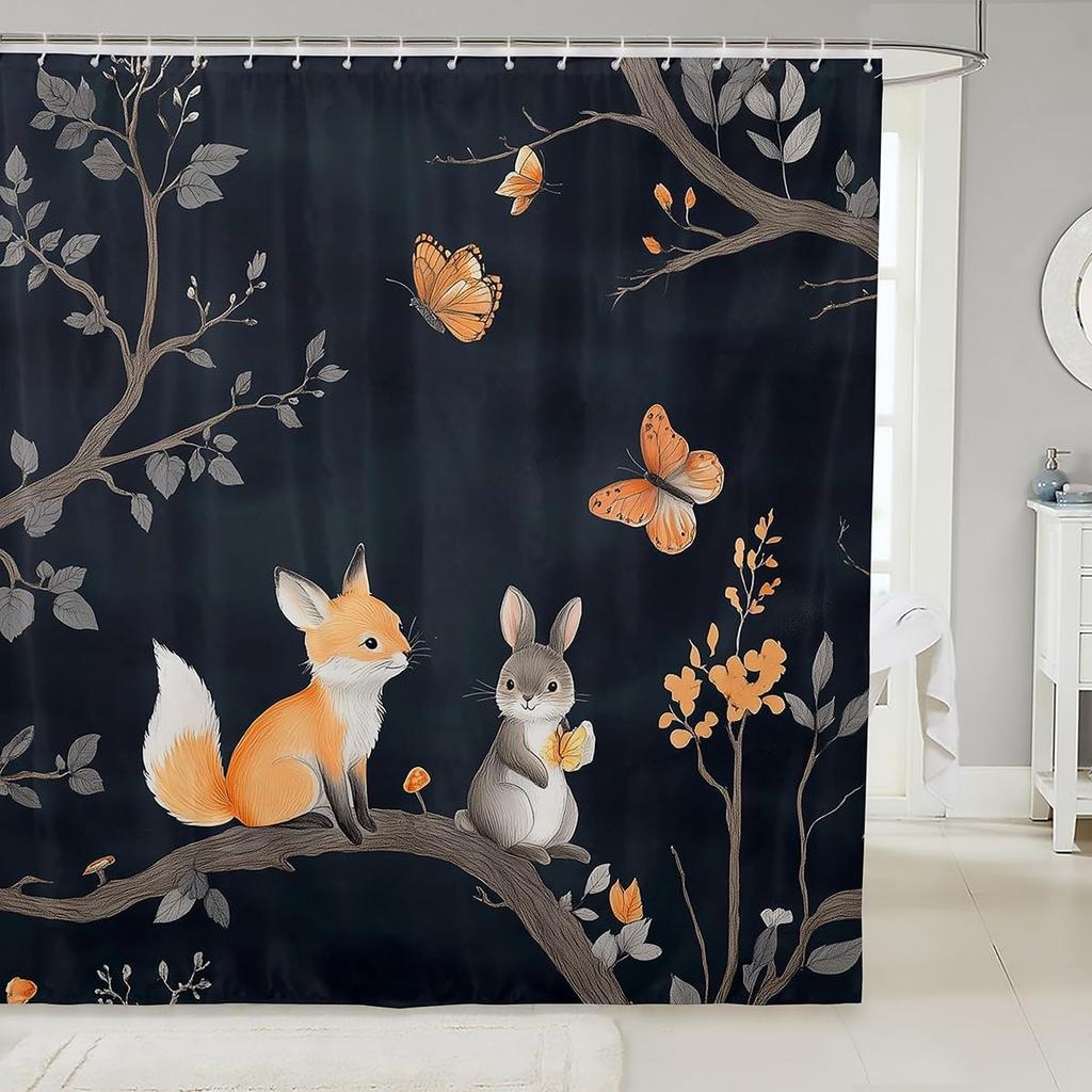 Pink Fox Shower Curtain Japanese Cherry Blossoms Bath Curtain Girls Teens Cute Cartoon Bathroom Shower Curtain Set Waterproof