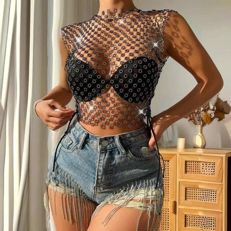 Summer Ins2024 European and American Personalized New Arrival Women's Clothing Sexy Best Selling Cut Out Mesh Rhinestone Small Top Vest