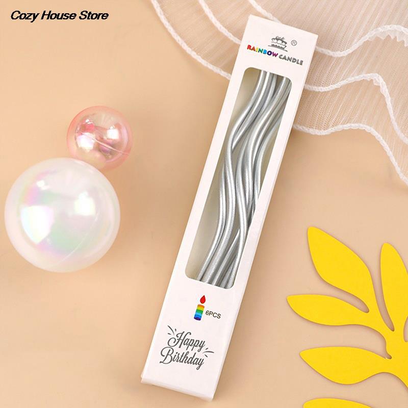 New 6Pcs/box Cake Candle Colorful Curved Spiral Cake Candle Long Multicolor Colored Curving Cake Candle Kids Birthday Decoration серебряный