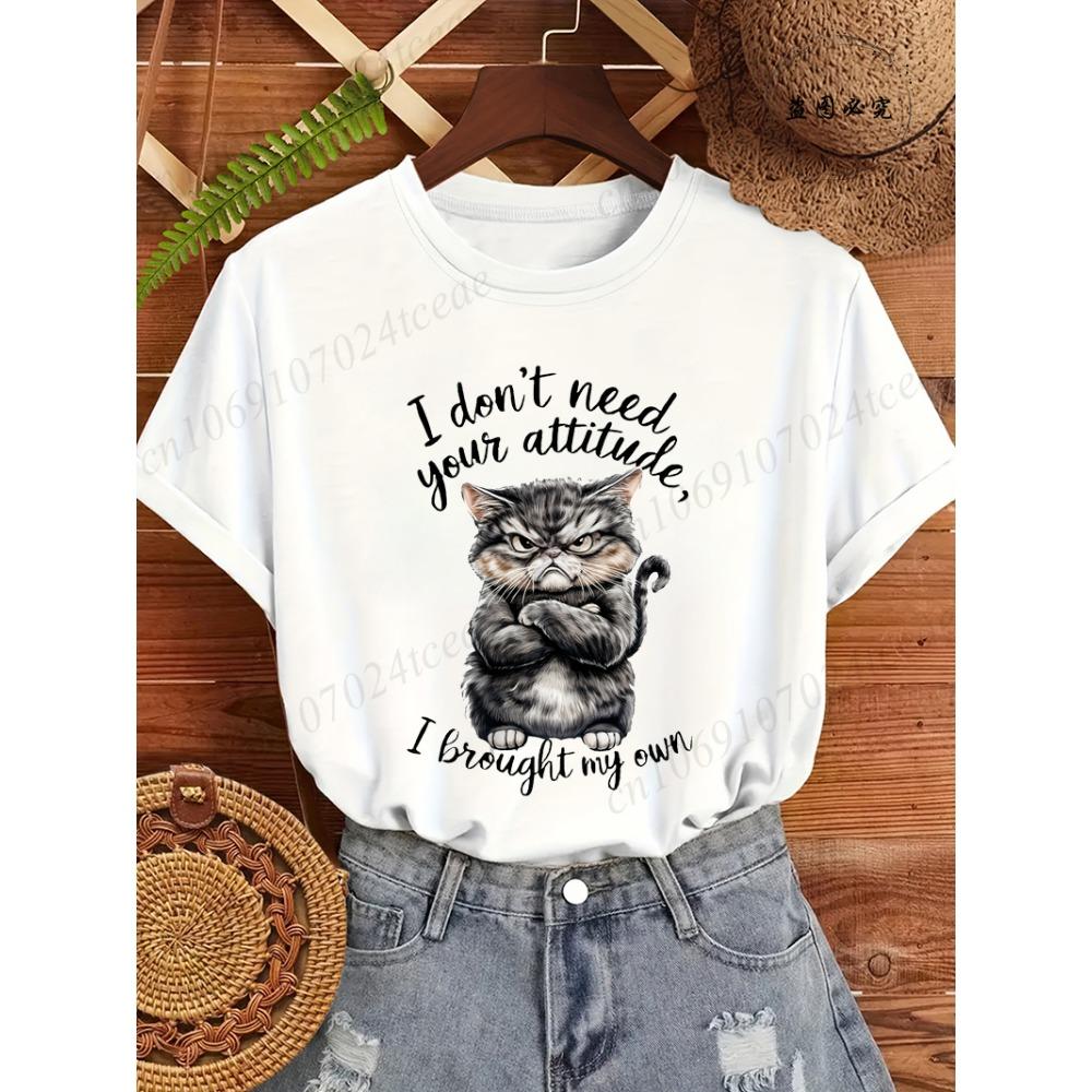 I Don t Need Your Attitude Print Women s Tee Clothing, Funny Angry Cat Quote Women T-Shirts Top,short Sleeve Tee Shirts Clothing M
