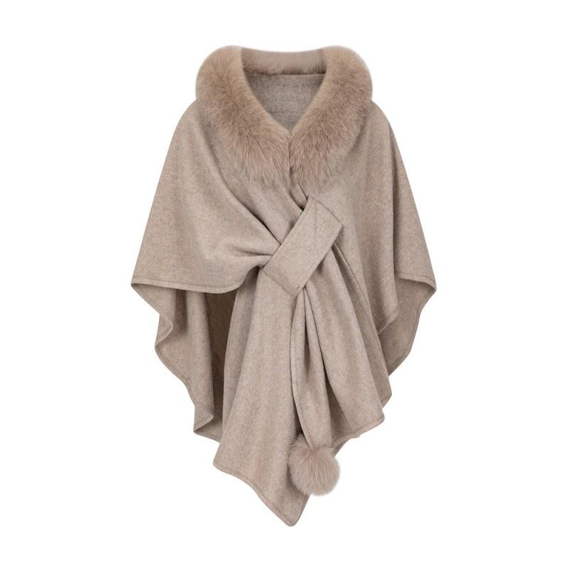 Womens Oversized Knit Cardigan Shawl Cape With Faux Fur Trim Elegant Lady Style Winter