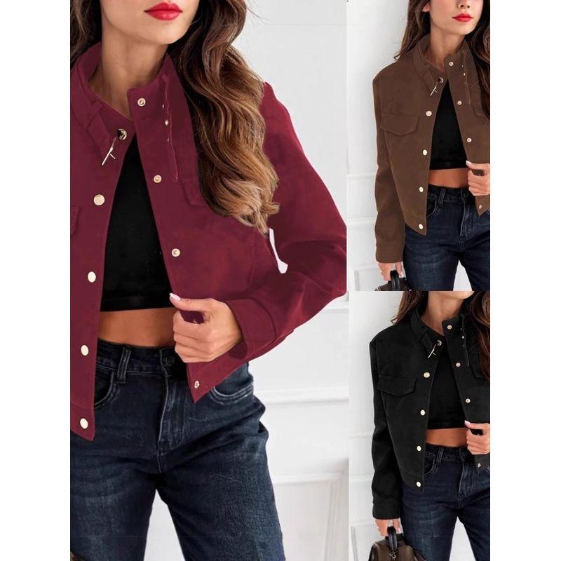 European and American Autumn and Winter New Fashion Stand Collar Wine Red Single-Breasted Loose Casual Motorcycle Style Long Sleeve Short Coat