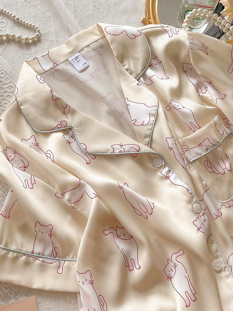 Women's Cartoon Cat Short Sleeve Mulberry Silk Pajama Set