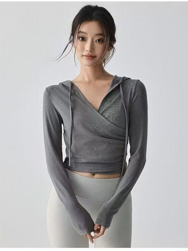 Women's Hooded Long Sleeve Yoga Top - Slimming, Breathable, Waist-Cinching Sports Cover-Up for Pilates Training, Autumn Comfort.