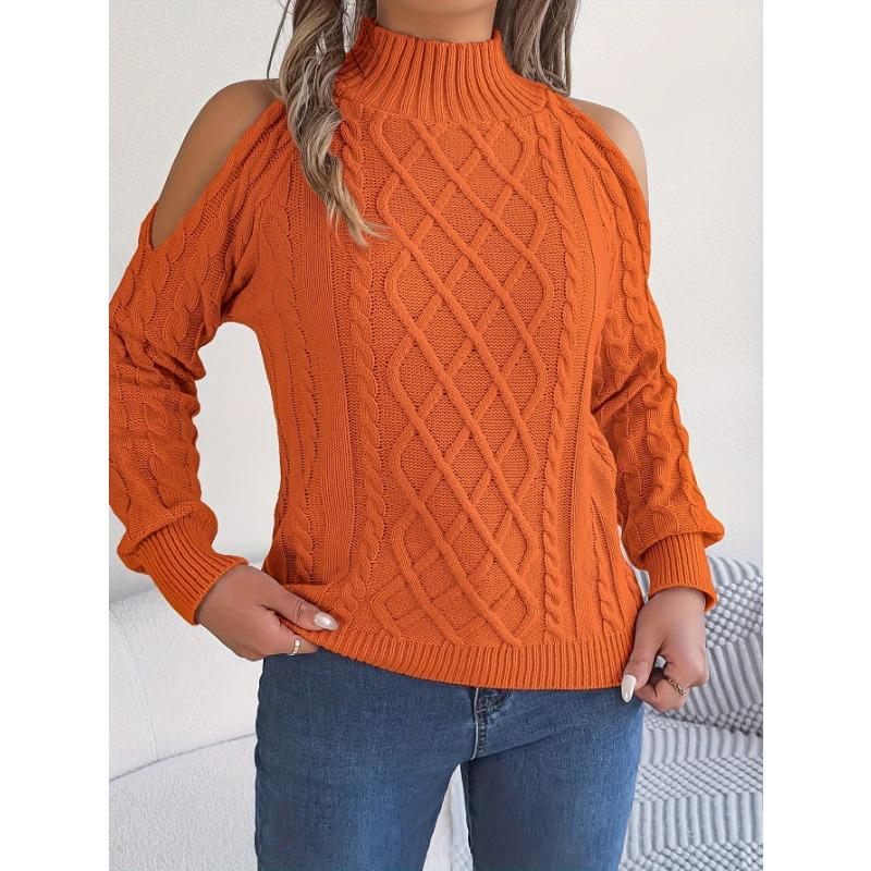 Women's Off-Shoulder High Neck Cable- Sweater - Soft Stretchy Long Sleeve Pullover, Solid Color Casual Chic Fall Winter Top, Highneck Pullover