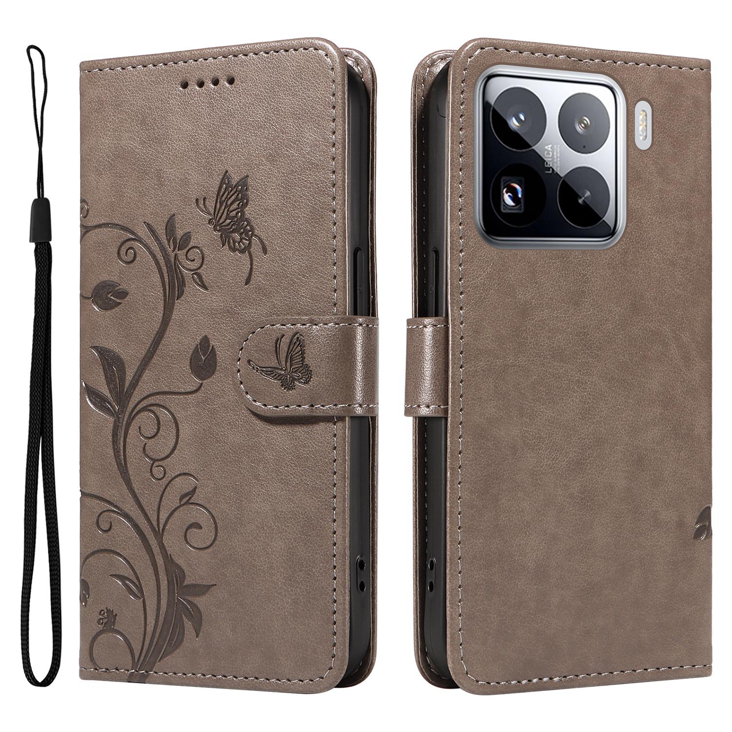 

For Xiaomi 15 Pro PU Leather Cases Flower Pattern Wallet Stand Phone Cover with Strap Grey