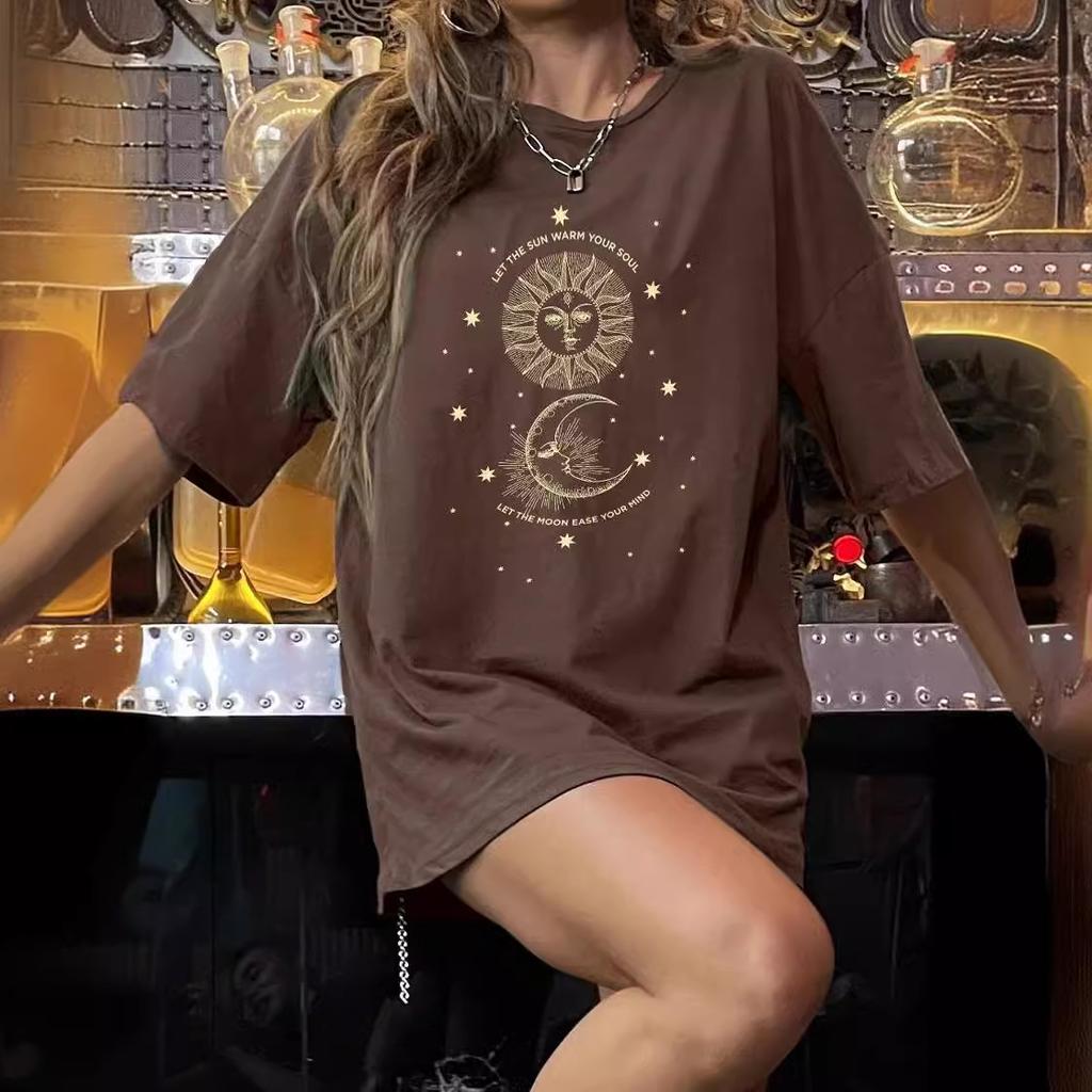 Lässiger Print, Kurzarm, für Damen, Sommer, Rundhalsausschnitt, lockerer modischer Kurzarmpullover, Urlaub, Arbeit, kurzärmlig, atmungsaktiv, dünn, bequem, braunes Oberteil